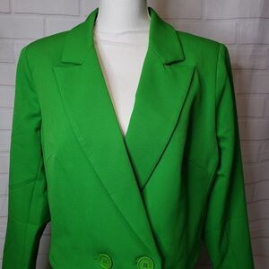 New Bright Green Cropped Double Breasted Blazer Jacket womens L XL Modern Style
